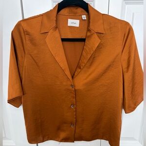 Aritzia Satin Besos Burnt Orange Button-Front Short Sleeve Blouse XS
